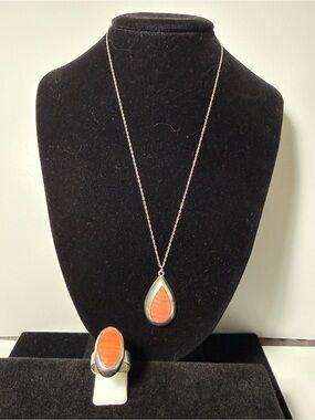 Sterling Silver VTG Taxco Pink Spiny Oyster Pendant & Ring Set